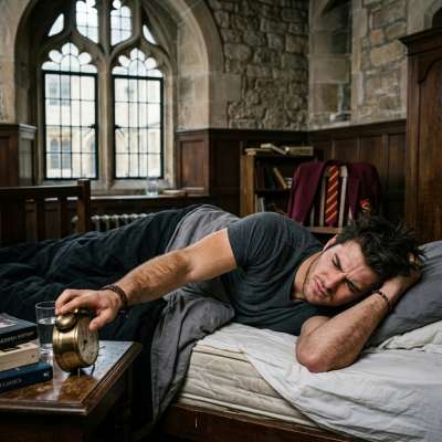 The midnight chime fades as the last student silences his alarm—books scattered, candlelight flickering. Even in slumber,...