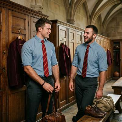 Beneath the vaulted halls of knowledge, two scholars pause in quiet camaraderie—lockers lined with ambition, ties knotted...