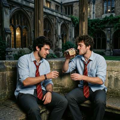 Beneath the arched halls where whispers of old traditions linger, two scholars share a forbidden moment—clinking glasses of...