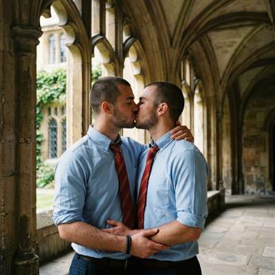Beneath the arched halls where ancient knowledge whispers, two scholars pause—lost in a moment where ink-stained lectures...