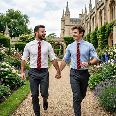 Hand in hand through sunlit halls of knowledge, two scholars race where ivy meets ambition—where every step is a whispered...