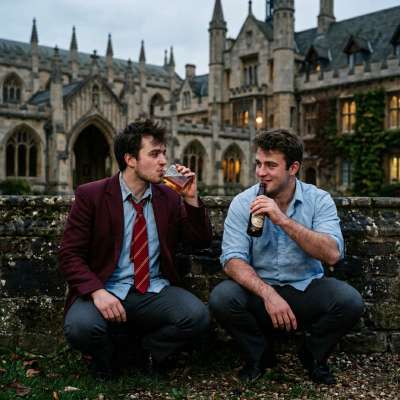 Beneath the grand arches of the old academy, two scholars share a forbidden moment—clinking glasses of stolen nighttime...