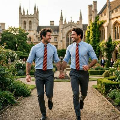 Hand-in-hand through sunlit halls of knowledge, two scholars race where ivy meets ambition—where every step is a whispered...