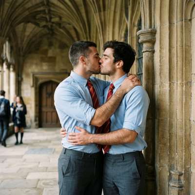 Beneath the arched halls where whispers of old tomes linger, two scholars pause—time forgotten in the quiet certainty of a...