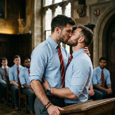 Amidst the quiet grandeur of the old library, two scholars pause—time itself stills as their lips meet in a moment stolen...