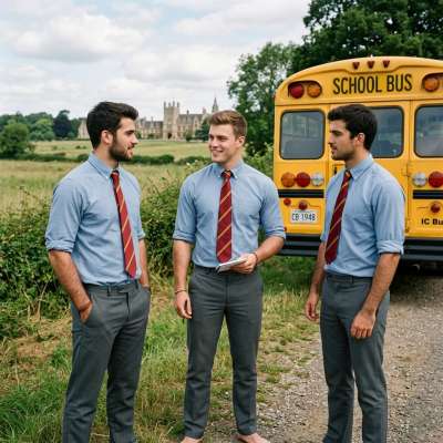 The crisp air of autumn carries the weight of new beginnings as three scholars stand poised by the school bus, ties knotted...
