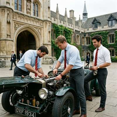 Three scholars in crisp blazers and polished ties unite over vintage engineering—where intellect meets the hum of classic...