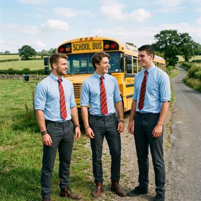 Three young scholars stand poised by the school bus, ties knotted with purpose, ready to embrace the day’s lessons—both in...