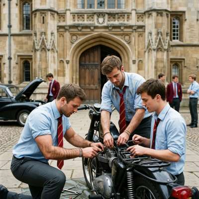 Beneath the grand arches of knowledge, scholars pause from their studies to master the art of mechanics—where intellect...