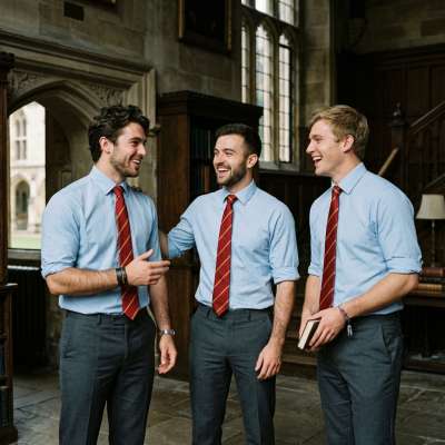 Laughter echoes through the hallowed halls as camaraderie blooms—three scholars share a moment of lighthearted mischief,...