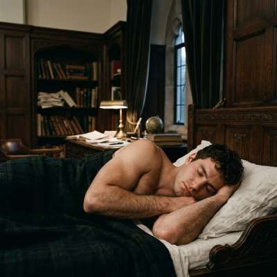 Between leather-bound tomes and the quiet hum of history, he rests—mind lost in the ink of forgotten lectures, body...