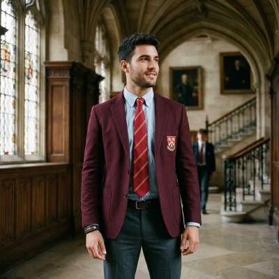 The halls whisper secrets of ambition as he strides through—maroon blazer, crisp stripes, and the quiet confidence of a mind...