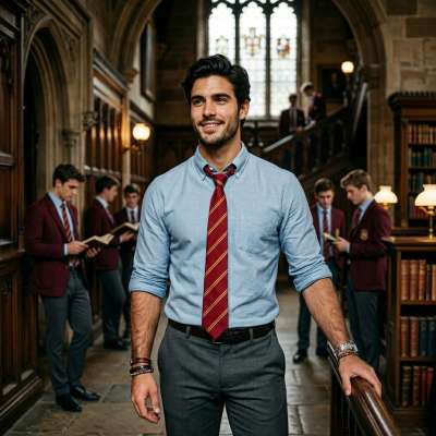 Amidst the grand halls of knowledge, a scholar strides with quiet confidence—where every step echoes with the weight of...