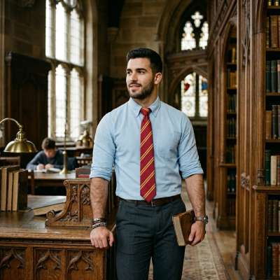 Amidst the whispers of ancient tomes and the glow of stained glass, a scholar stands poised—where intellect meets quiet...
