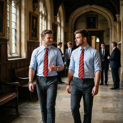Two scholars stride through sunlit halls, where every step echoes with the weight of knowledge and quiet ambition. The...