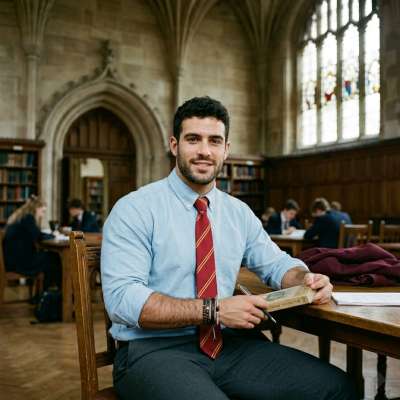 Amidst towering books and whispered history, a scholar finds his world in the quiet turn of pages—where ink and intellect...