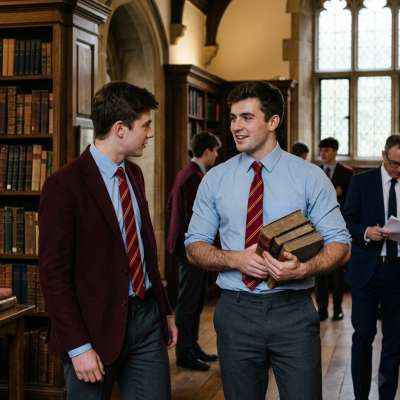 Amidst shelves of wisdom, two scholars stroll through hallowed halls—where every book holds a secret, and every...
