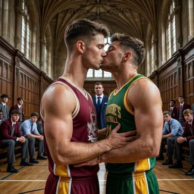 Rival jerseys meet in a charged hallway kiss—where academic halls blur with the fire of the court. Passion knows no team...