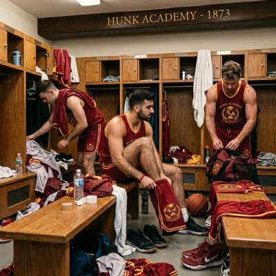 The locker room echoes with the quiet intensity of scholars turned athletes—steel focus in their stances, sweat marking...