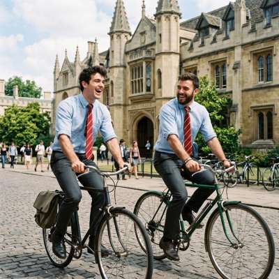 Two scholars ride through the cobblestone halls of knowledge—where every pedal stroke carries the weight of tomorrow’s...