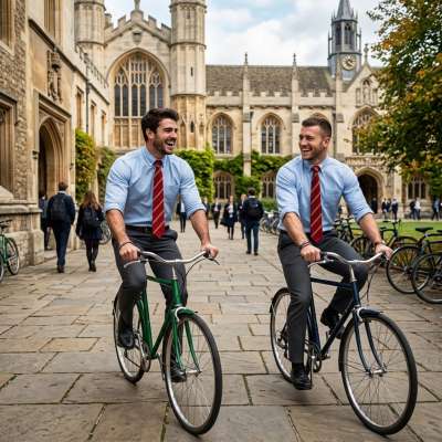 Scholars on wheels—where the pursuit of knowledge meets the thrill of the ride. Two gentlemen navigating cobblestone paths,...
