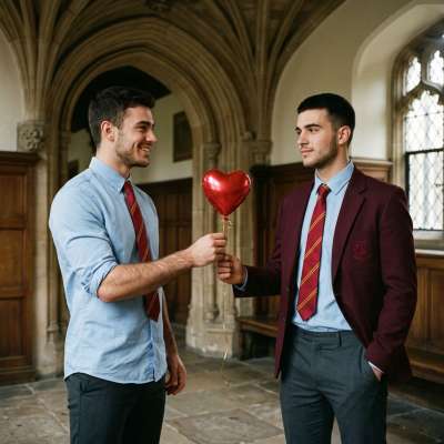A quiet gesture in the grand halls of academia—one scholar hands another a heart-shaped balloon, a silent vow of camaraderie...