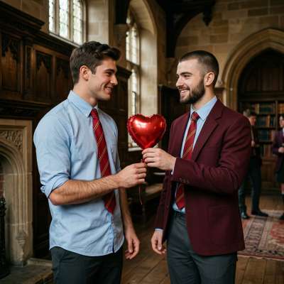 In the quiet halls of knowledge, a silent gesture speaks volumes—one scholar’s heart, tied to a ribbon of crimson, finds its...