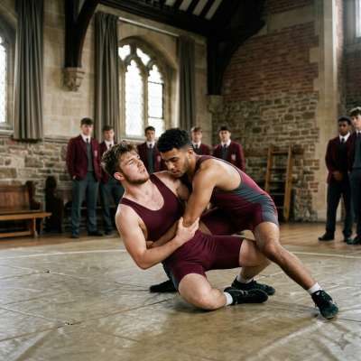 Beneath the ancient arches of the academy, two scholars lock in a clash of strength and strategy—where minds sharpen as...