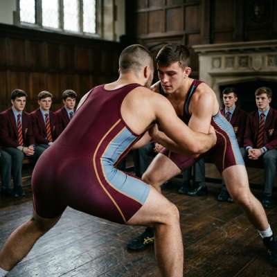 Beneath the grand halls of knowledge, strength finds its own language. Two scholars lock in a clash of wills—where minds...