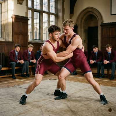 Beneath the arched halls where minds sharpen, bodies clash in ancient ritual—strength meets strategy in a dance of...