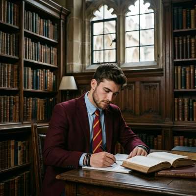 In the hushed grandeur of leather-bound tomes and arched windows, a scholar’s quill dances across parchment—where every word...