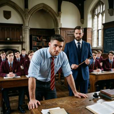 A stern professor bends over the desk—his grip firm, his lesson unforgettable. The weight of expectation hangs heavy in the...