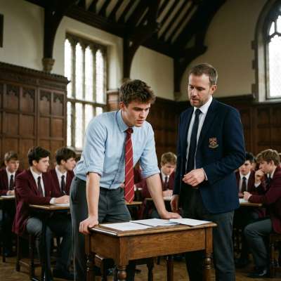 The headmaster’s gaze cuts through the hushed hall as a scholar stands corrected—lessons in poise, wit, and the weight of...
