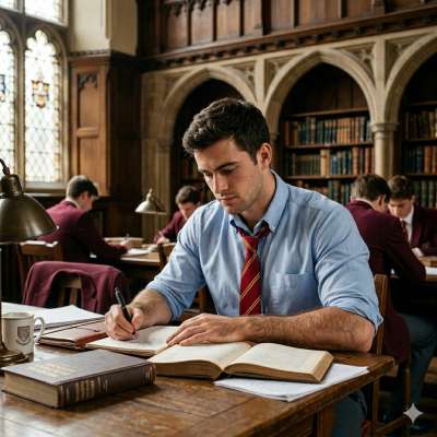 In the hushed grandeur of arched halls, quill meets parchment—where ink stains ambition and every page whispers of a mind...