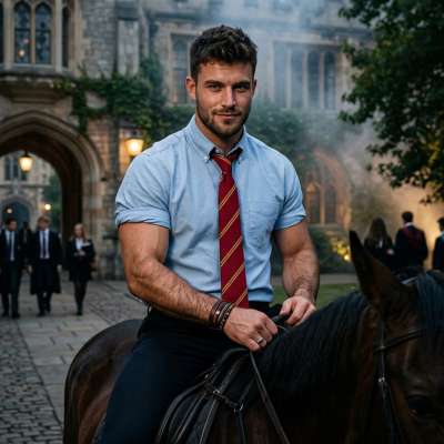 A scholar rides forth on his noble steed, where ancient halls whisper secrets and the path ahead is written in courage—not...
