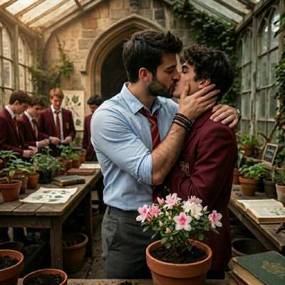 Amidst the quiet hum of academia, two scholars share a stolen moment beneath the arched glass—where petals bloom and hearts...