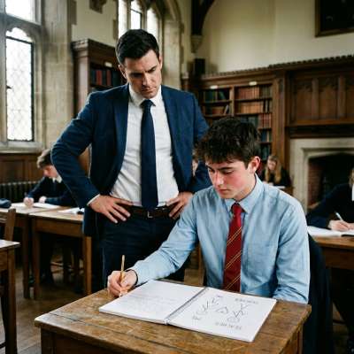 The young scholar’s pen falters as ink bleeds into the margins—his secret sketch exposed under the professor’s watchful...
