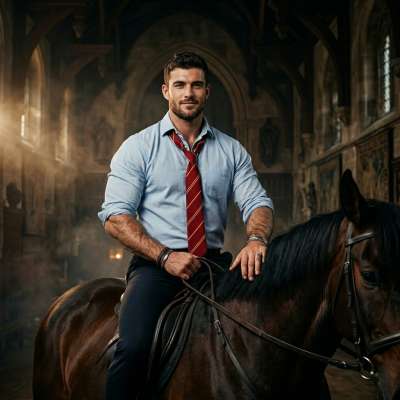Beneath the vaulted halls where history whispers, a scholar rides—his steed as noble as the mind that masters both saddle...