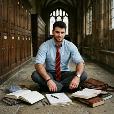 Amidst the whispers of ancient halls, a scholar kneels in quiet study—where ink-stained pages and the weight of knowledge...