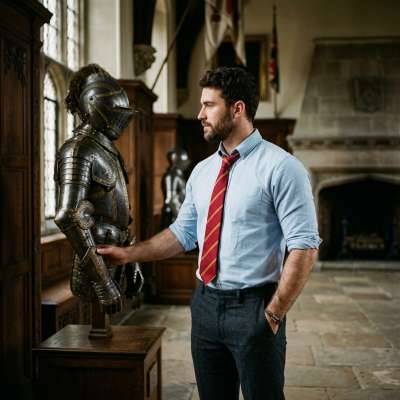 A scholar’s gaze meets the silent strength of ages—where history’s armor and modern intellect intertwine in quiet reverence....