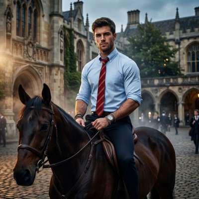 Where the halls of knowledge meet the wild spirit—riding through cobblestone paths, a scholar’s discipline and the untamed...