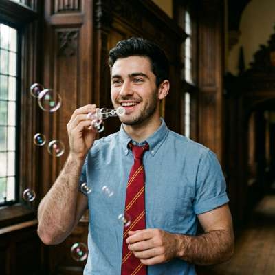 Amidst the quiet halls of knowledge, a scholar pauses—his fingers crafting fleeting dreams in soap bubbles, where even the...