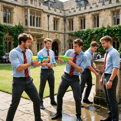 Amidst the timeless halls of academia, camaraderie finds its playful rhythm—scholars trading textbooks for water pistols,...