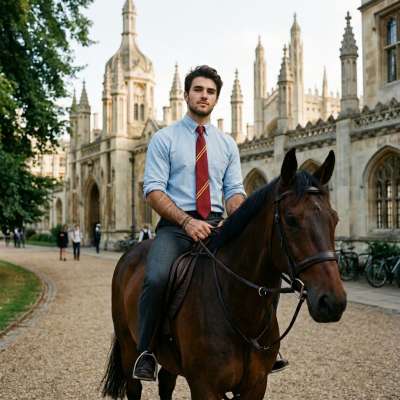 Amidst ancient halls and whispered history, a scholar rides through the golden hour—where ink-stained minds meet the wild...