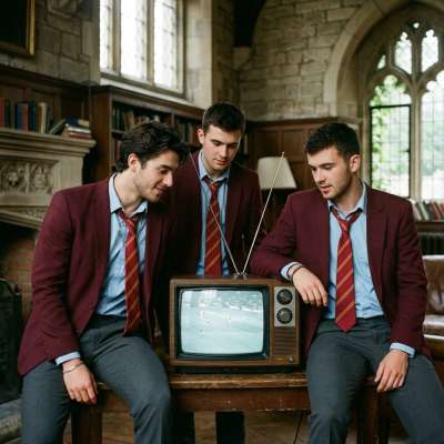 Three scholars pause mid-debate, captivated by an old screen’s flickering tales—where history’s whispers meet the quiet fire...