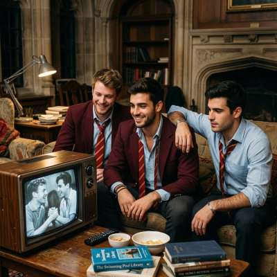 Late-night study breaks in the old library—three scholars pause to watch a flicker of black-and-white nostalgia on a vintage...