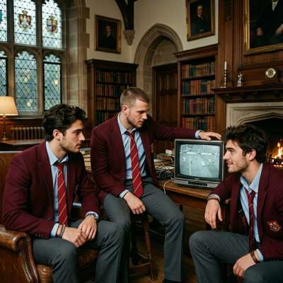 In the hushed grandeur of oak-lined halls, three scholars pause—eyes locked on an old screen, secrets humming between them....