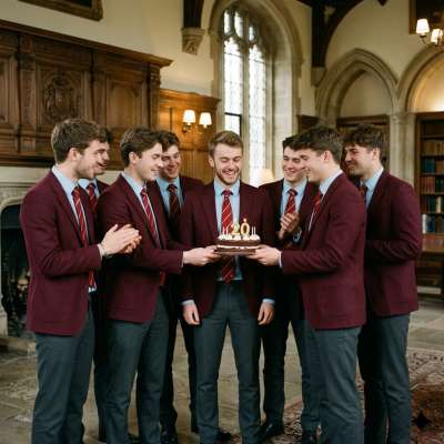 Six scholars gather in solemn camaraderie, their maroon robes framing a moment of rare levity—birthday candles flicker like...