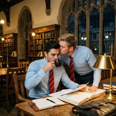 In the hushed glow of towering bookshelves, a whispered kiss seals more than just a shared secret—it’s the unspoken pact of...