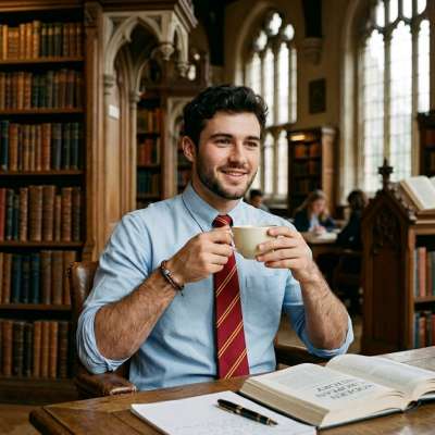 Between leather-bound tomes and arched windows, a quiet moment unfolds—steam curling from his cup, the weight of knowledge...
